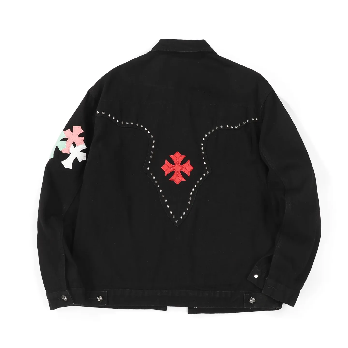 P280 Chrome Hearts Chrome Hearts heavy-duty denim jacket with rivets and multiple farts. The same model as the Internet celebrity star. The cross-printed denim jacket has a unique cross design element and is full of design. It is made of 100% denim cotton fabric with heavy coarse yarn count, which ensures a stiff and tough silhouette while being soft, comfortable and breathable. The lapel is designed with silver buttons and is full of texture. The classic white cross logo is all over the dress, making it a perfect versatile style for spring and summer! The original loose version is made of high-quality pure cotton fabrics. The fabric pattern is high-definition and delicate without burrs. It is comfortable and breathable to wear. All the buttons are molded and customized. It is casual and fashionable and can be matched with any bottoms. It can be windproof and sunproof in spring and summer. It can be worn outside in autumn and winter! Easily concave shape makes you look slimmer and taller, perfect for both men and women! Color: Black Size: S M L XL